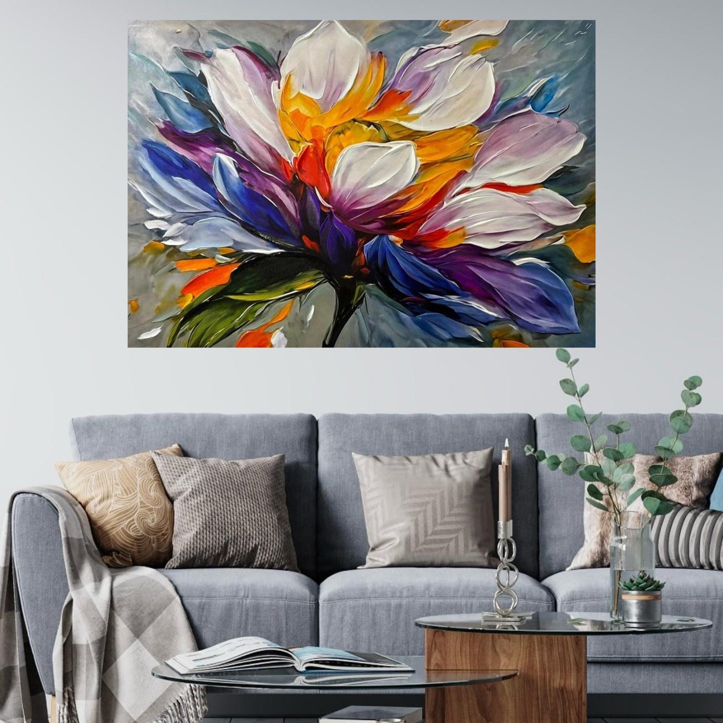 Textured Floral Oil Painting, Colorful Abstract Flower Canvas Art