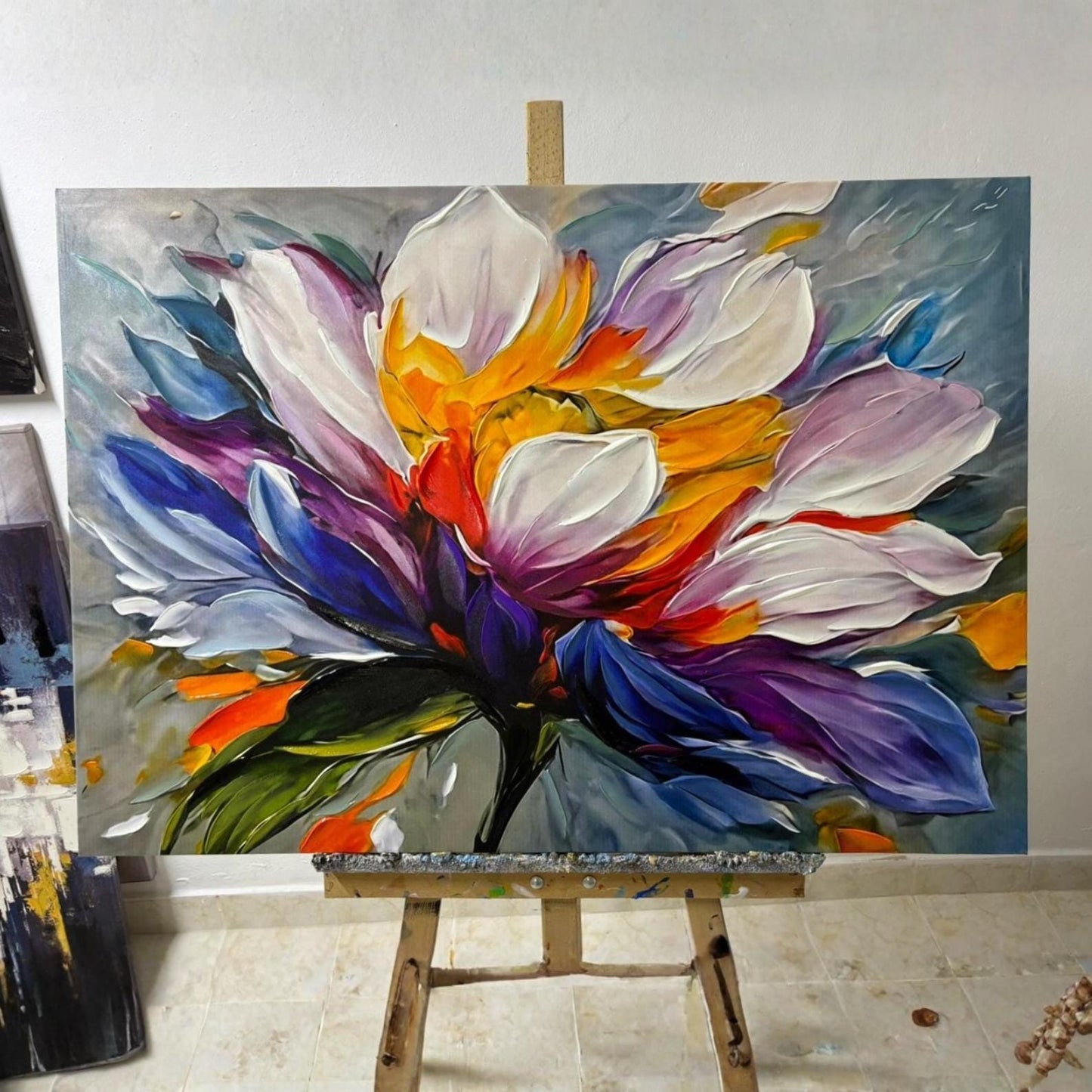 Textured Floral Oil Painting, Colorful Abstract Flower Canvas Art