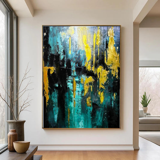 Abstract Gold & Teal Painting, Textured Modern Wall Art, Large Contemporary Canvas for Home Decor