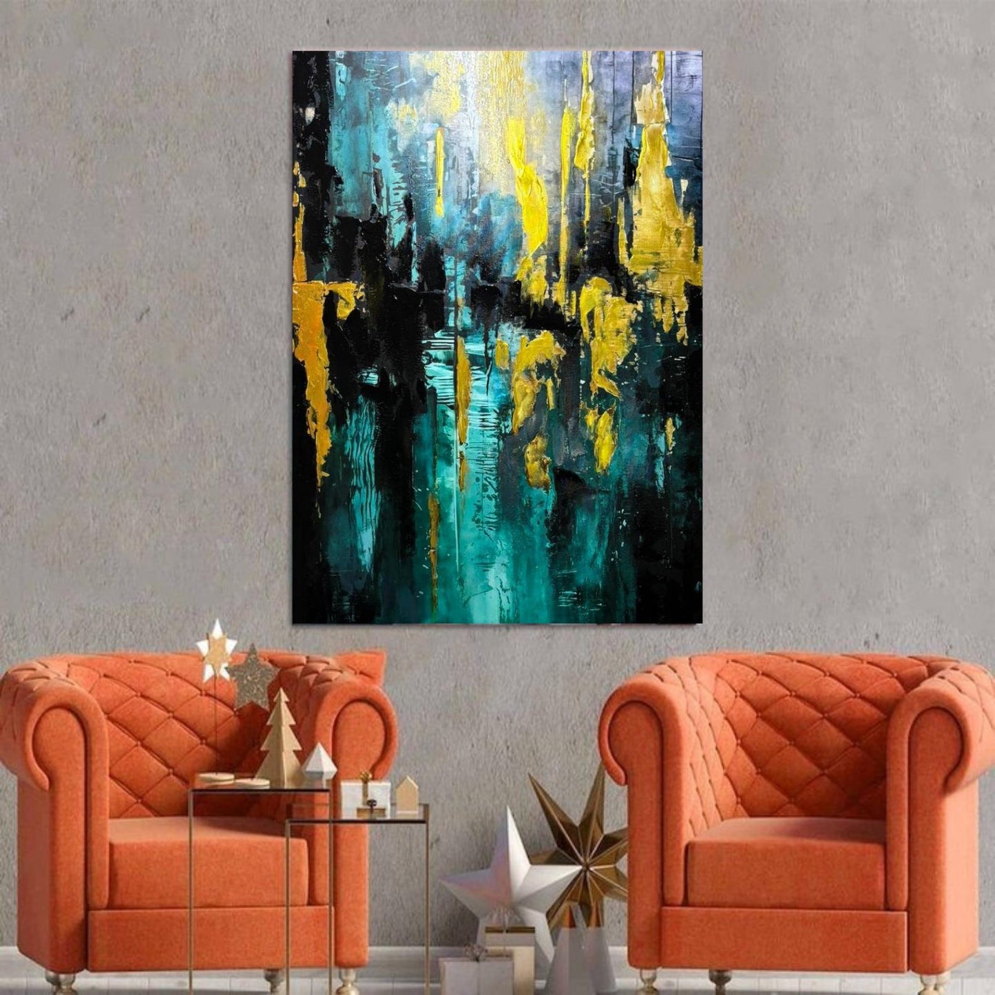Abstract Gold & Teal Painting, Textured Modern Wall Art, Large Contemporary Canvas for Home Decor