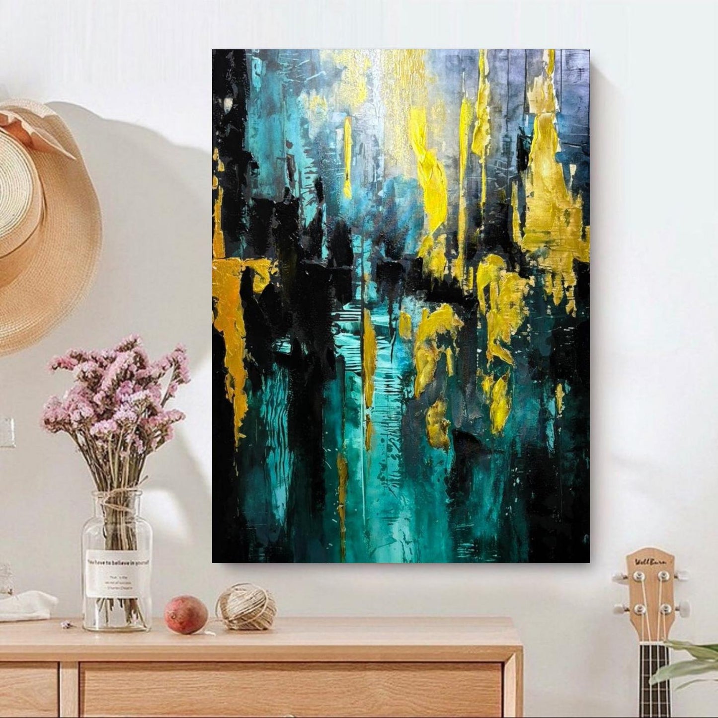 Abstract Gold & Teal Painting, Textured Modern Wall Art, Large Contemporary Canvas for Home Decor