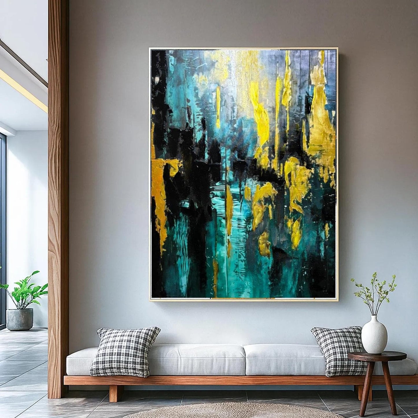 Abstract Gold & Teal Painting, Textured Modern Wall Art, Large Contemporary Canvas for Home Decor