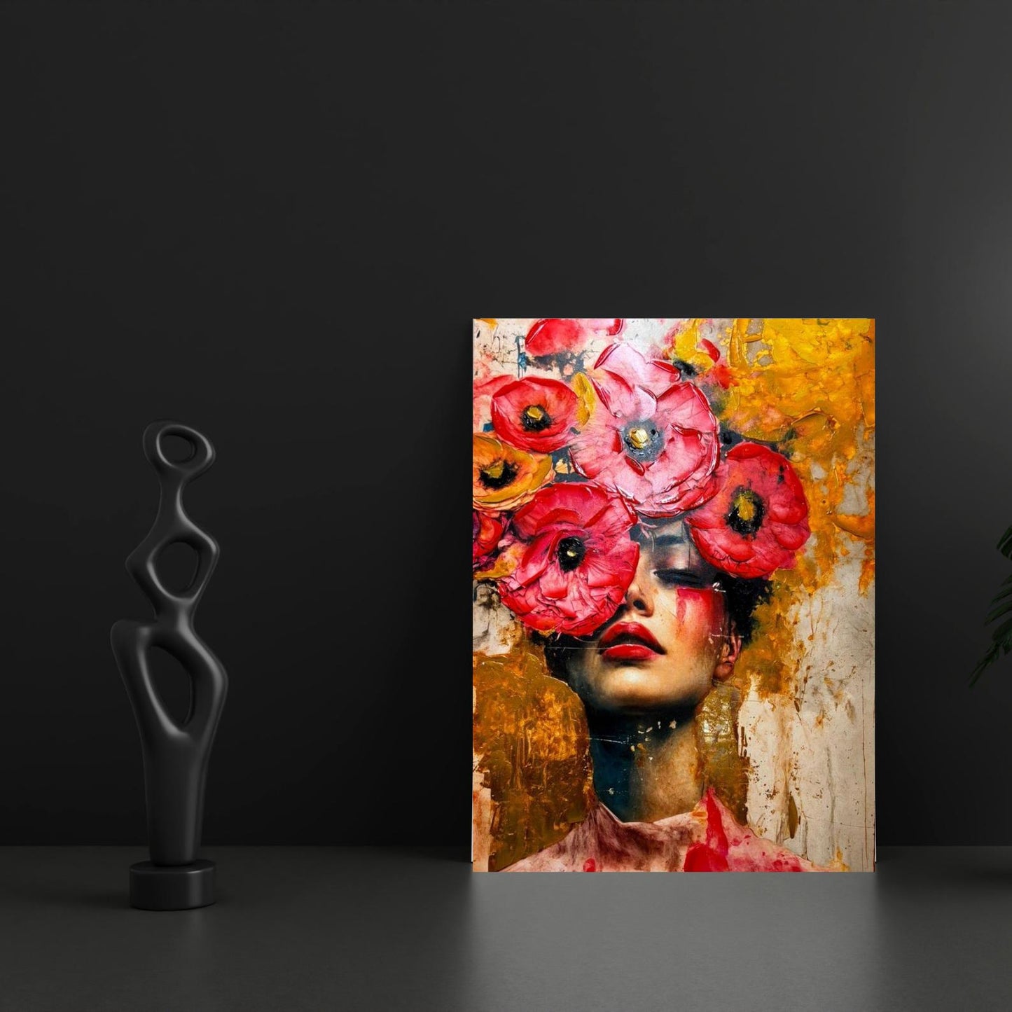 Textured Floral Portrait Painting, Red Flower Woman Art, Modern Abstract Fashion Wall Art for Home Decor