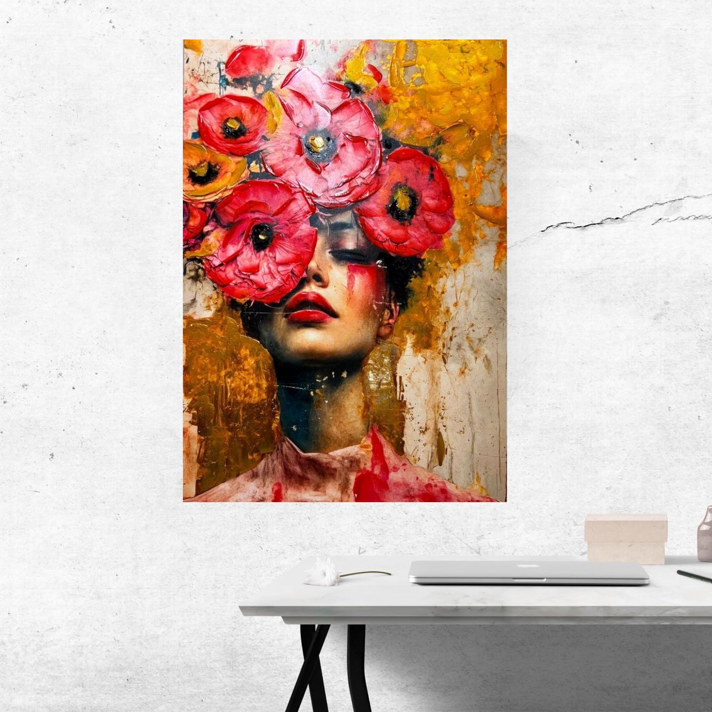 Textured Floral Portrait Painting, Red Flower Woman Art, Modern Abstract Fashion Wall Art for Home Decor