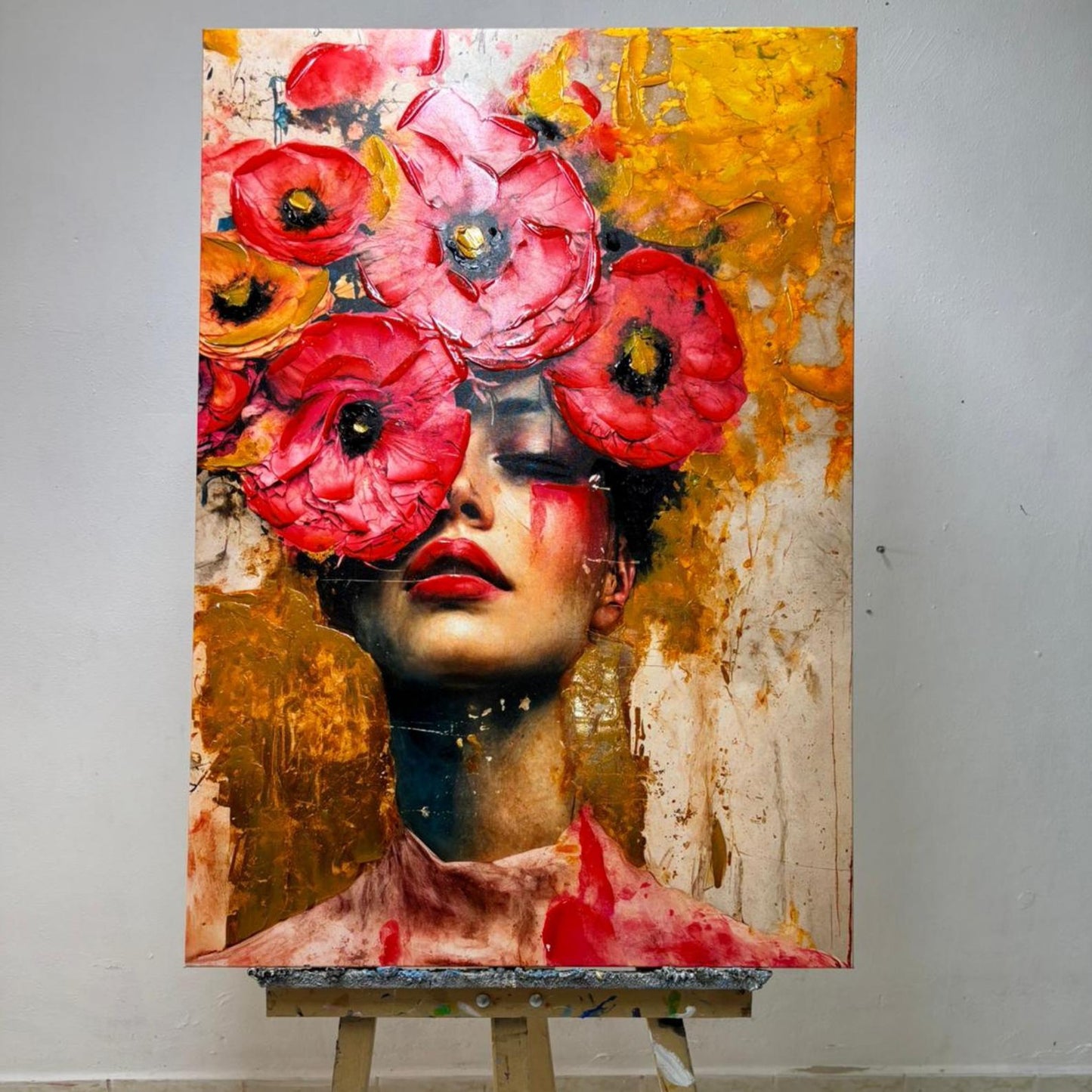Textured Floral Portrait Painting, Red Flower Woman Art, Modern Abstract Fashion Wall Art for Home Decor