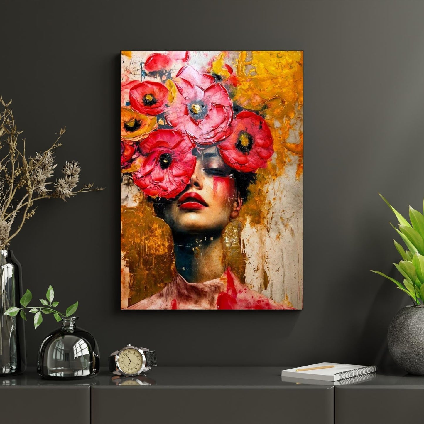 Textured Floral Portrait Painting, Red Flower Woman Art, Modern Abstract Fashion Wall Art for Home Decor