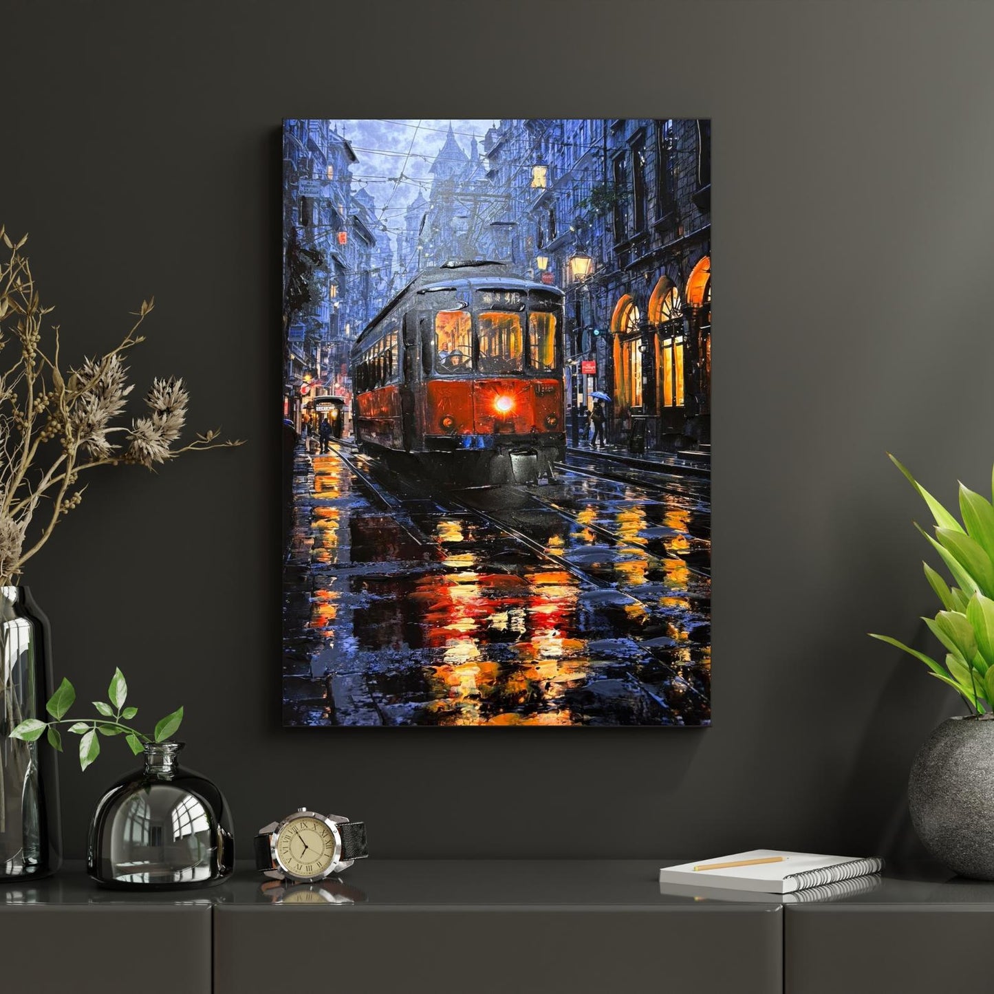 Textured Night City Tram Painting, Rainy Street Urban Landscape Canvas