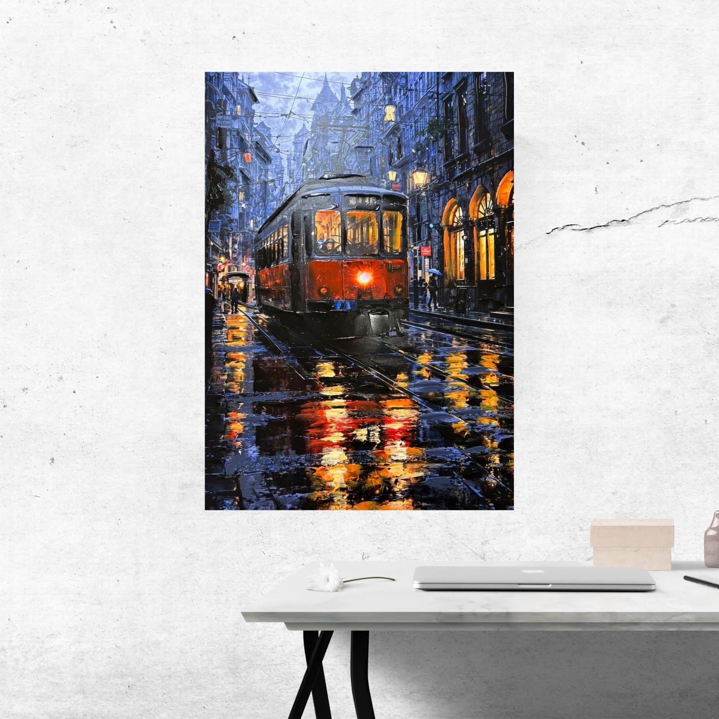 Textured Night City Tram Painting, Rainy Street Urban Landscape Canvas