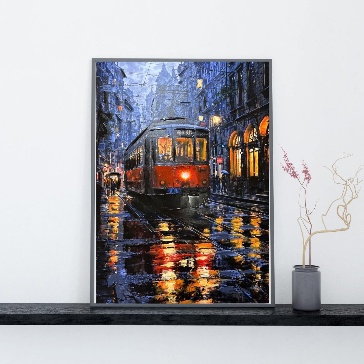 Textured Night City Tram Painting, Rainy Street Urban Landscape Canvas