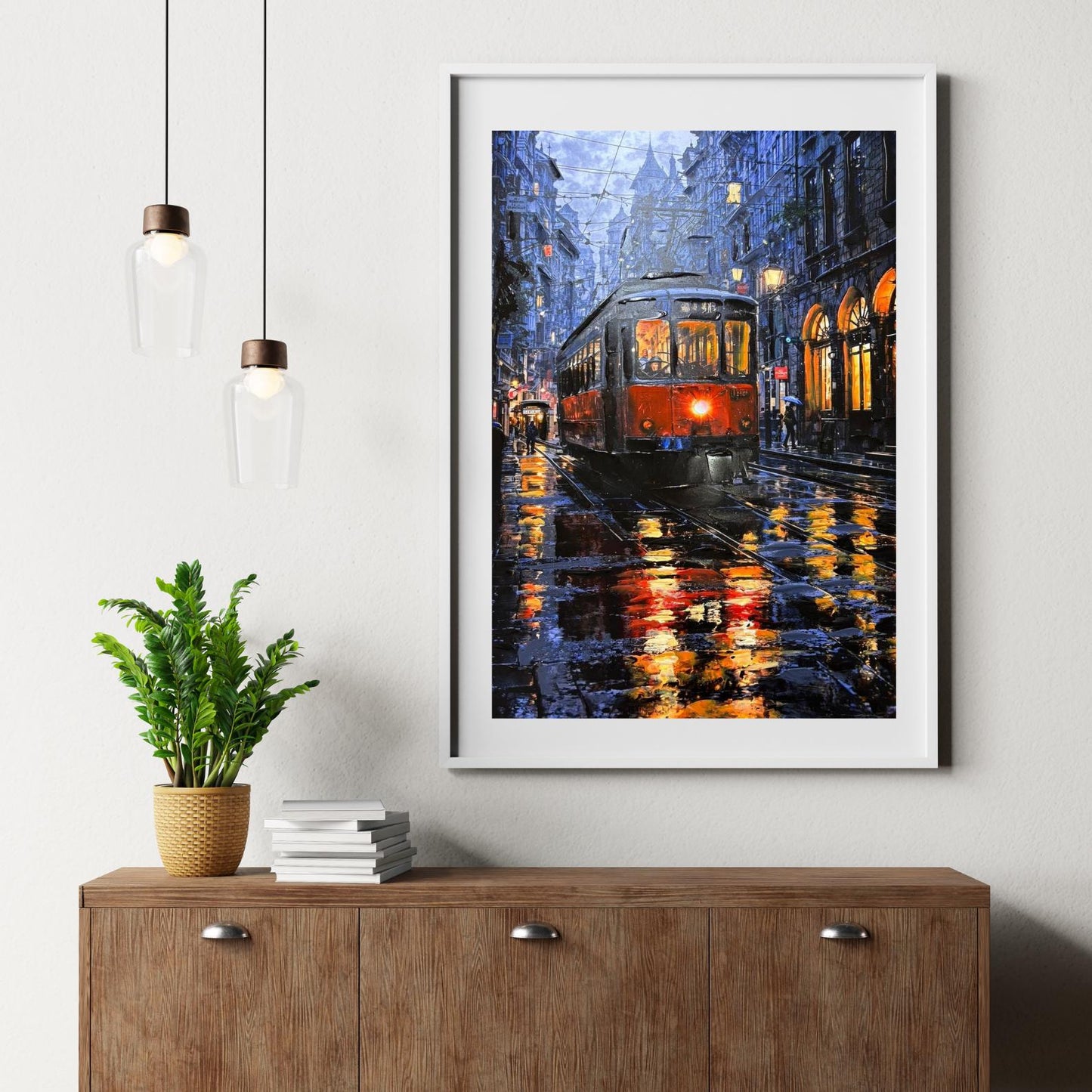 Textured Night City Tram Painting, Rainy Street Urban Landscape Canvas