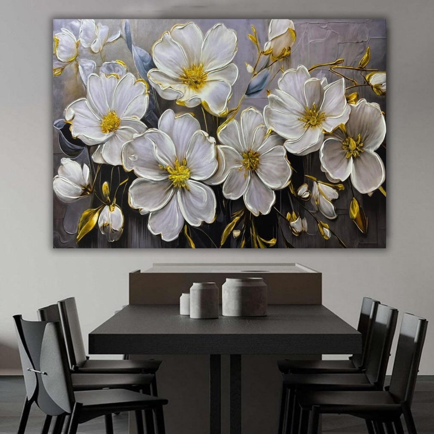 Textured Floral Painting, White & Gold Flower Wall Art, Impasto Canvas