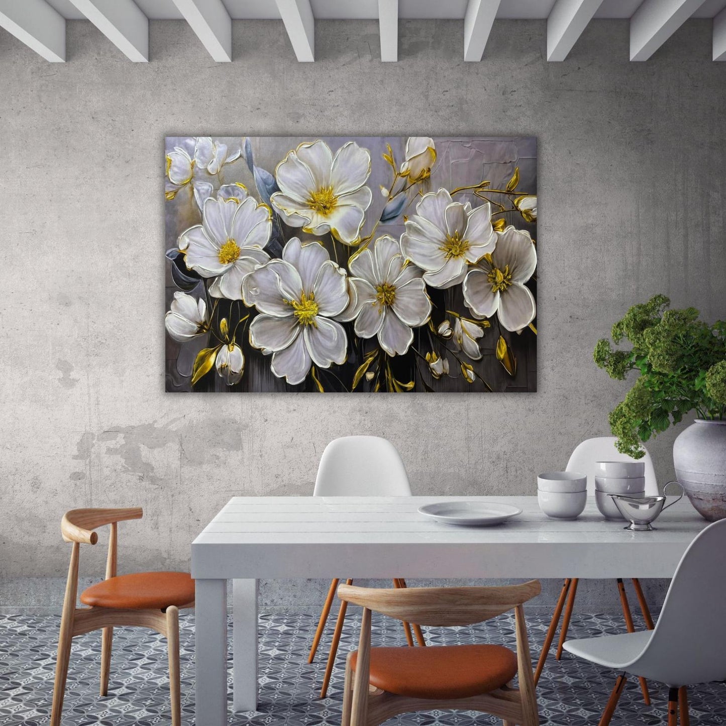 Textured Floral Painting, White & Gold Flower Wall Art, Impasto Canvas