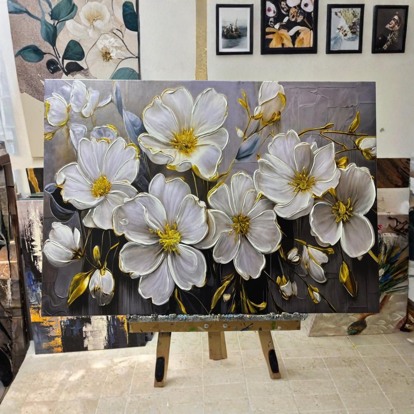 Textured Floral Painting, White & Gold Flower Wall Art, Impasto Canvas