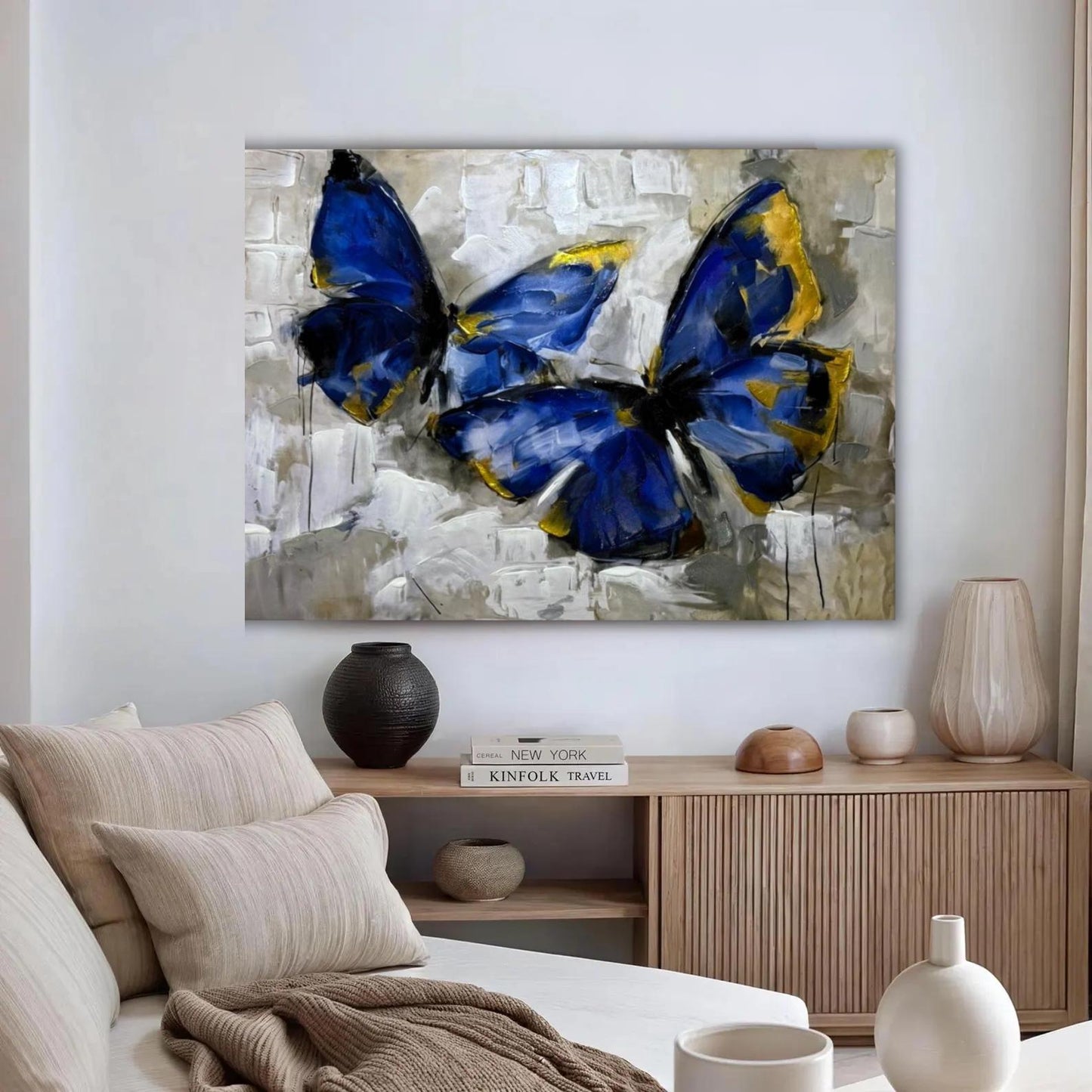 Blue Butterfly Painting, Gold Accents, Textured Impasto Art