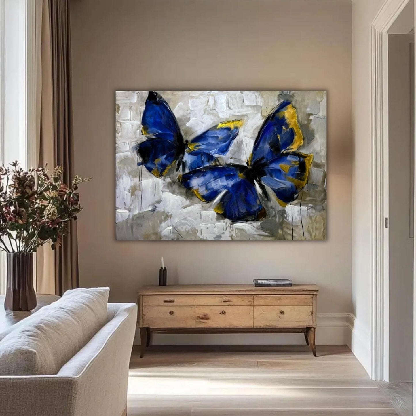 Blue Butterfly Painting, Gold Accents, Textured Impasto Art