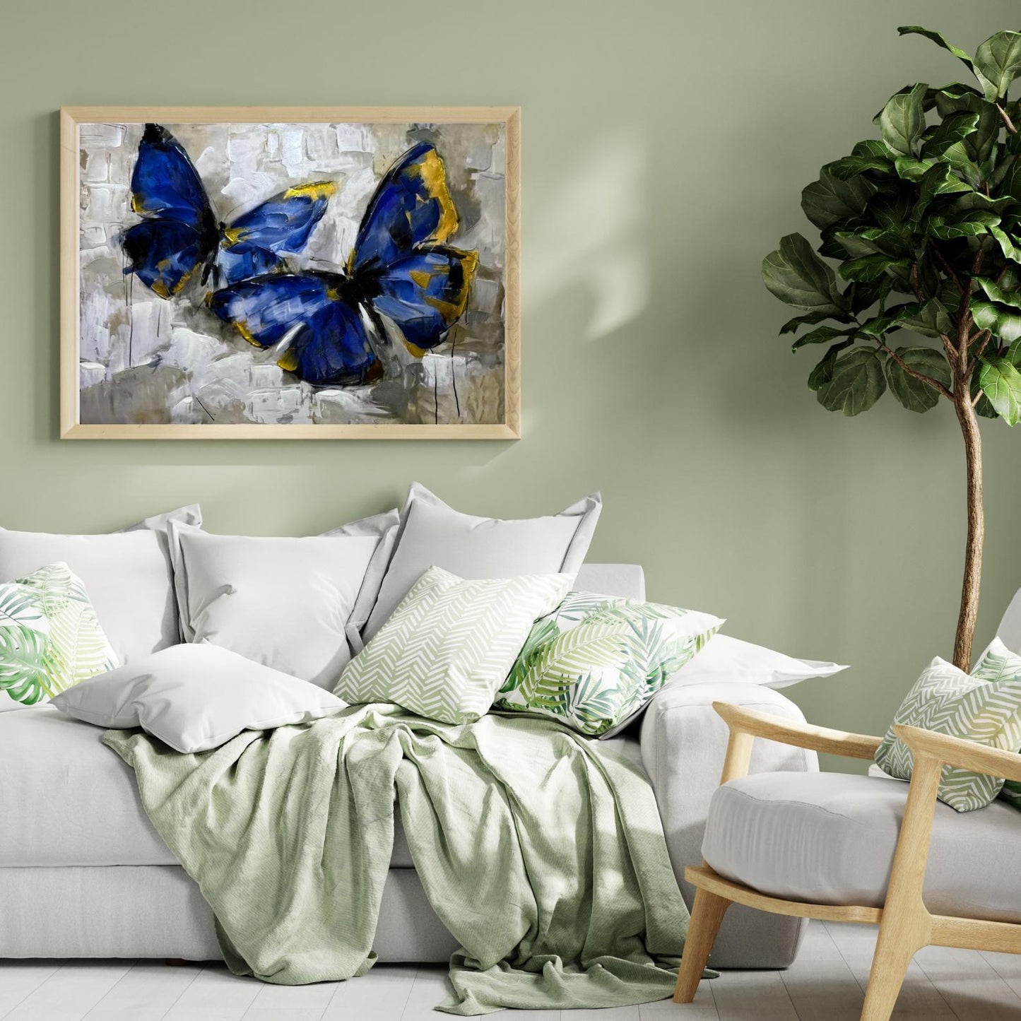 Blue Butterfly Painting, Gold Accents, Textured Impasto Art