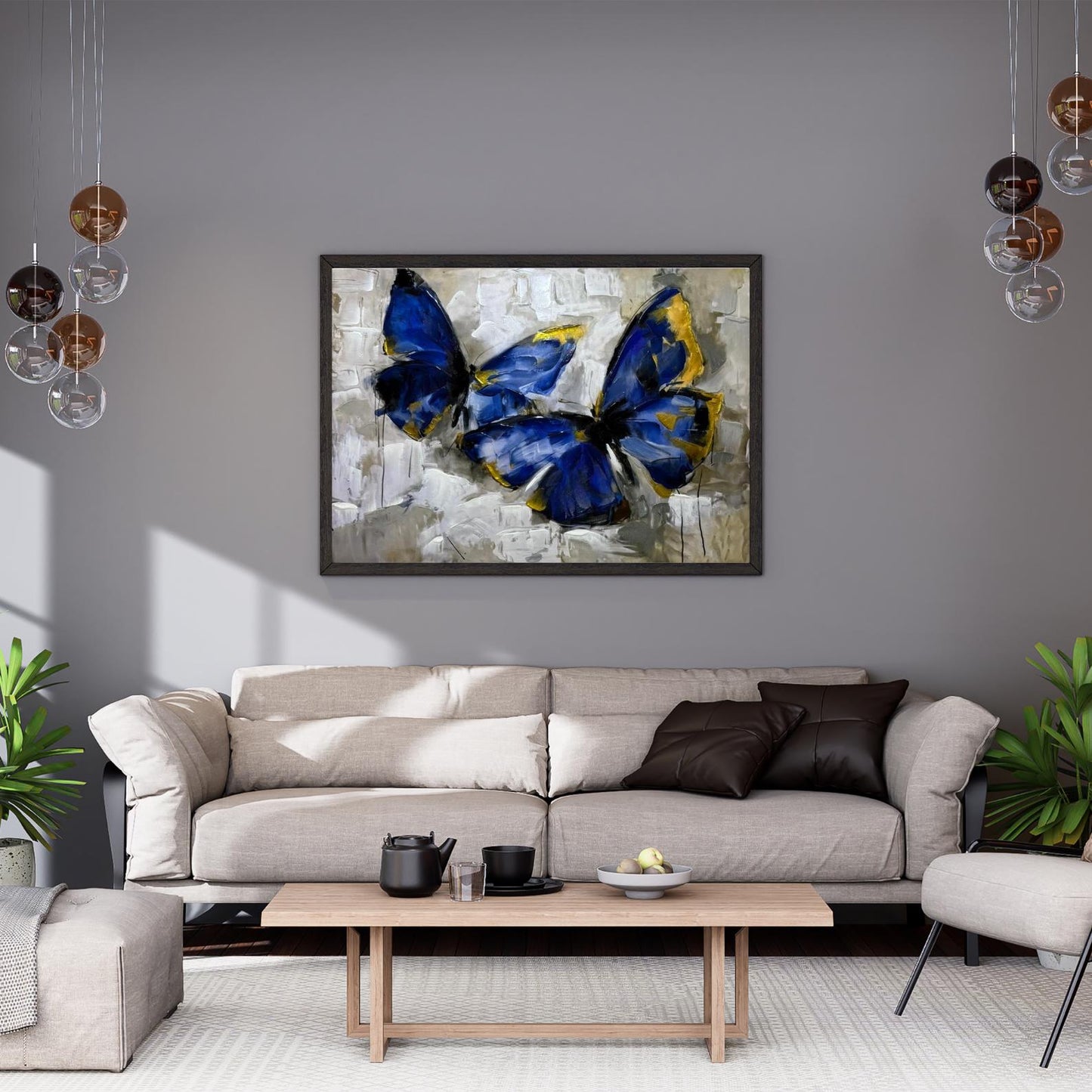 Blue Butterfly Painting, Gold Accents, Textured Impasto Art