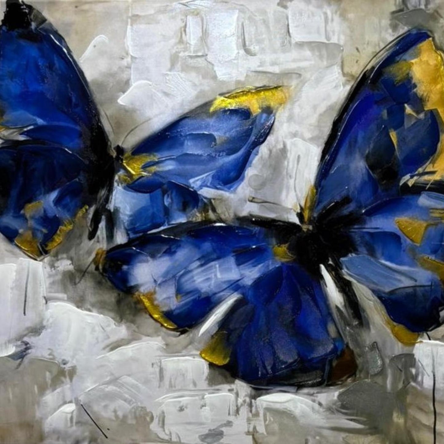 Blue Butterfly Painting, Gold Accents, Textured Impasto Art
