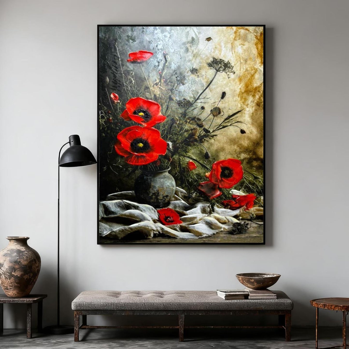 Red Poppy Oil Painting, Textured Floral Still Life, Vintage Wall Art