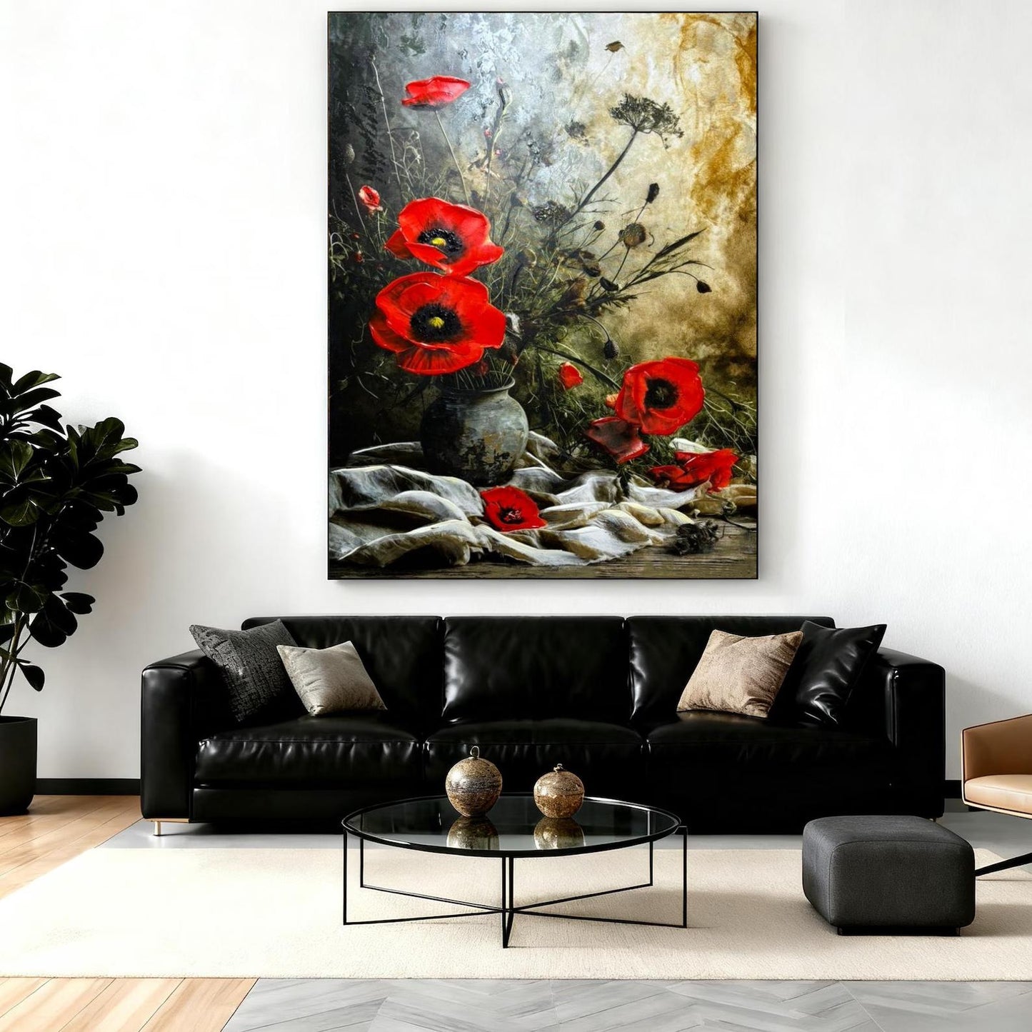 Red Poppy Oil Painting, Textured Floral Still Life, Vintage Wall Art