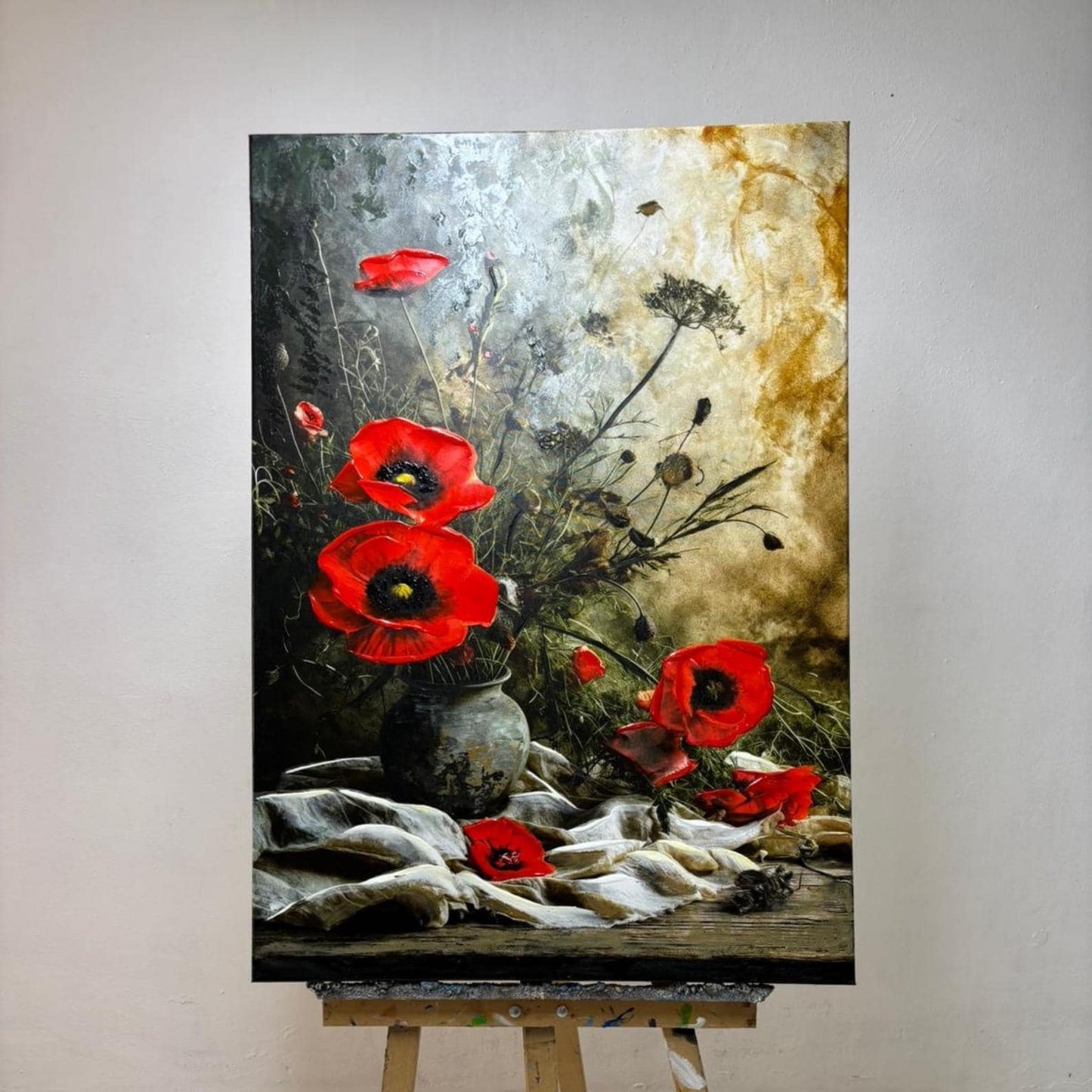 Red Poppy Oil Painting, Textured Floral Still Life, Vintage Wall Art