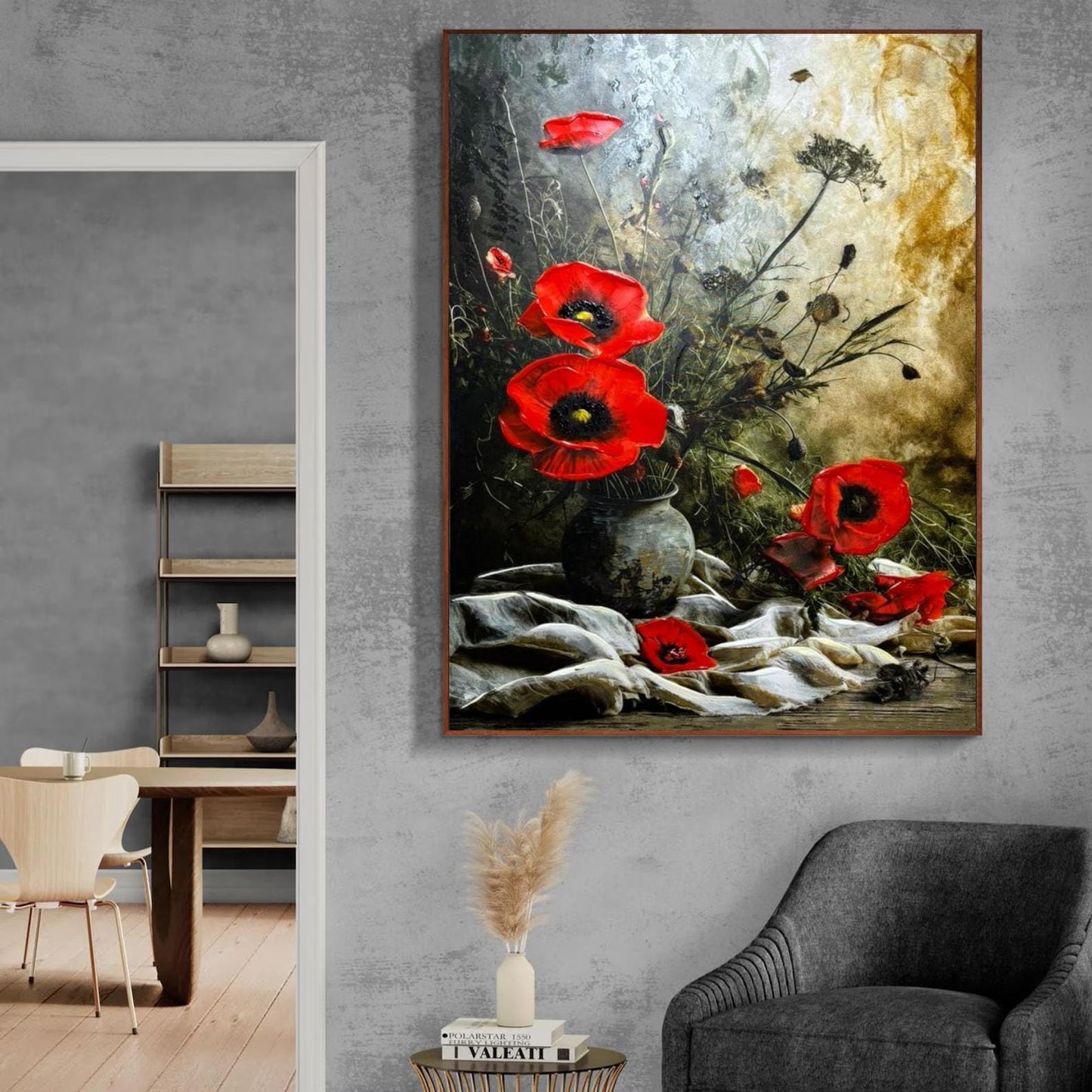Red Poppy Oil Painting, Textured Floral Still Life, Vintage Wall Art