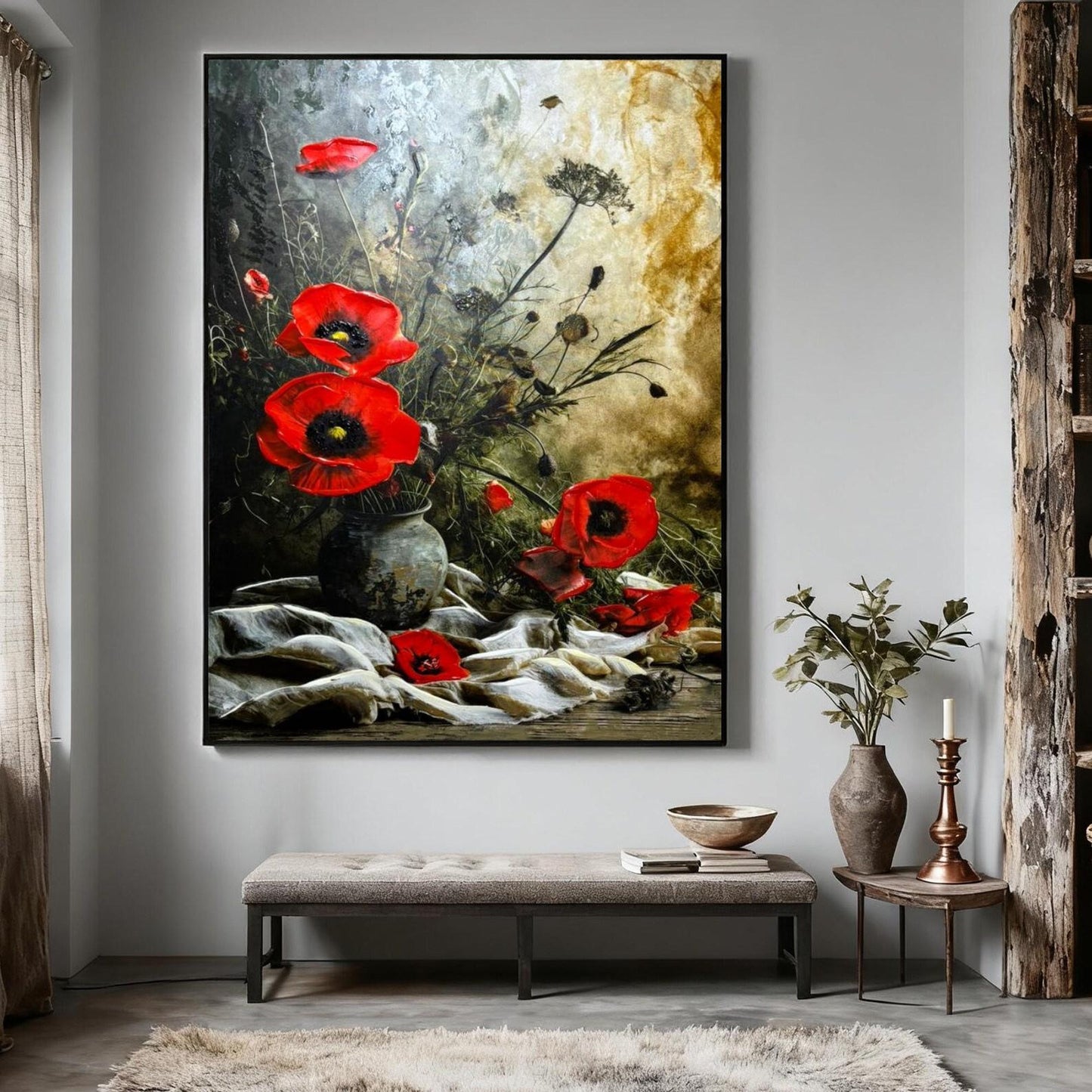 Red Poppy Oil Painting, Textured Floral Still Life, Vintage Wall Art
