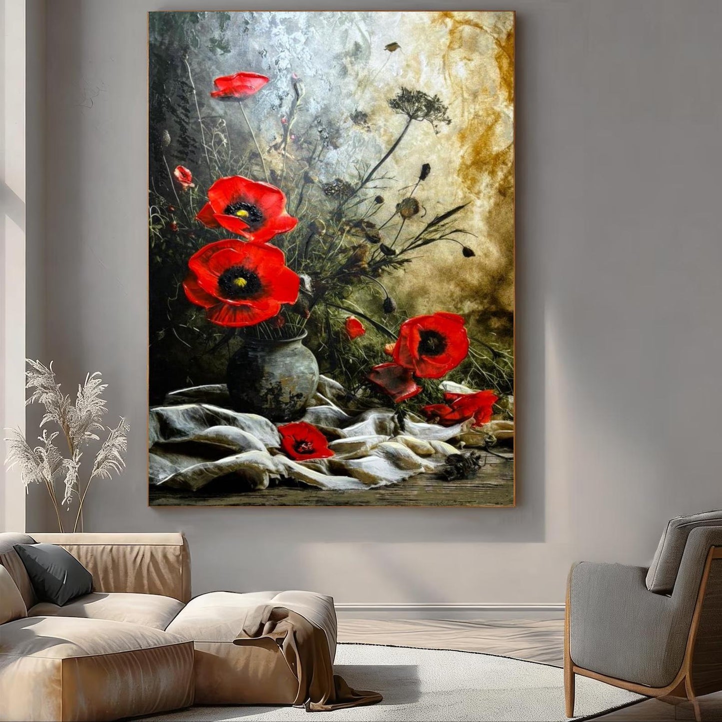 Red Poppy Oil Painting, Textured Floral Still Life, Vintage Wall Art