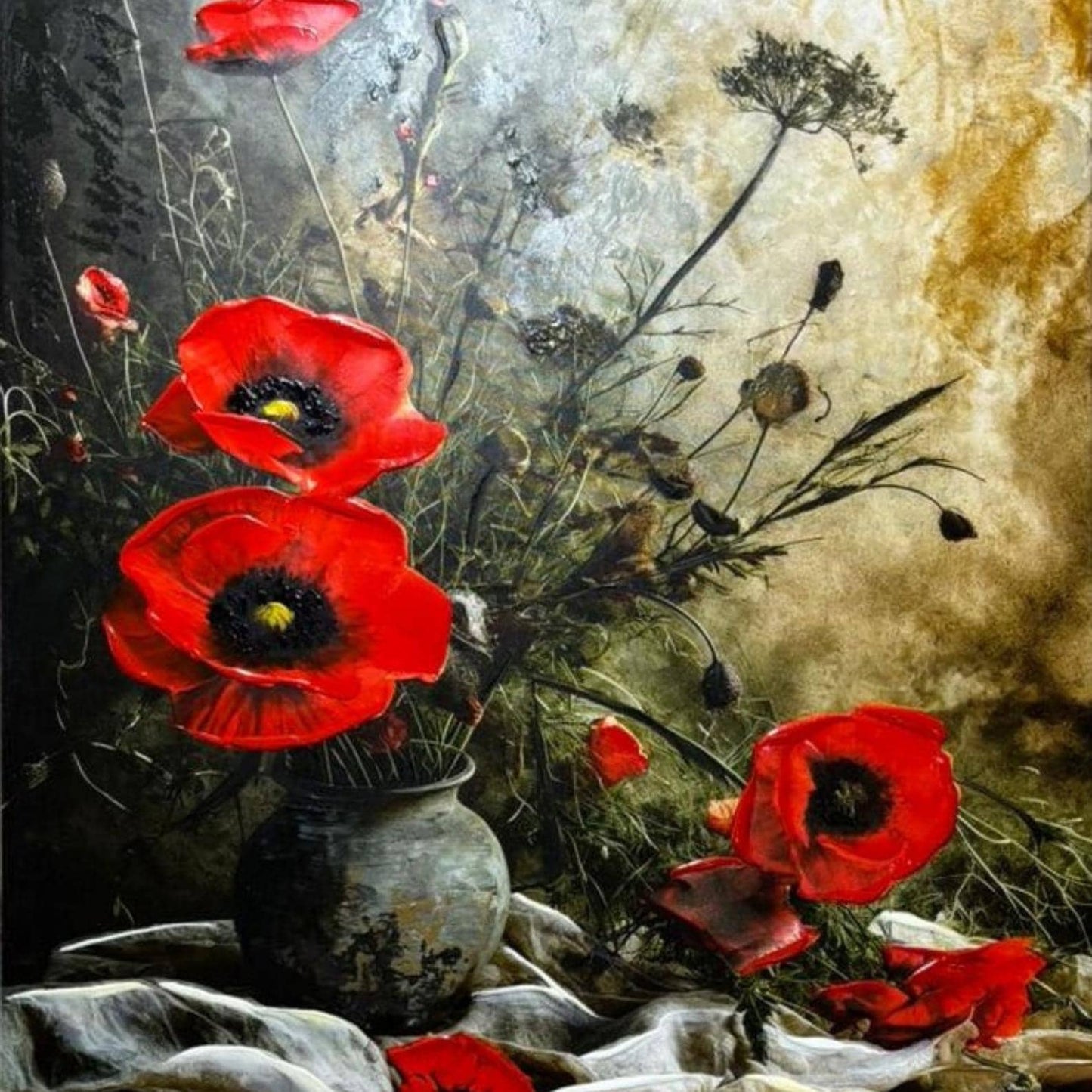 Red Poppy Oil Painting, Textured Floral Still Life, Vintage Wall Art