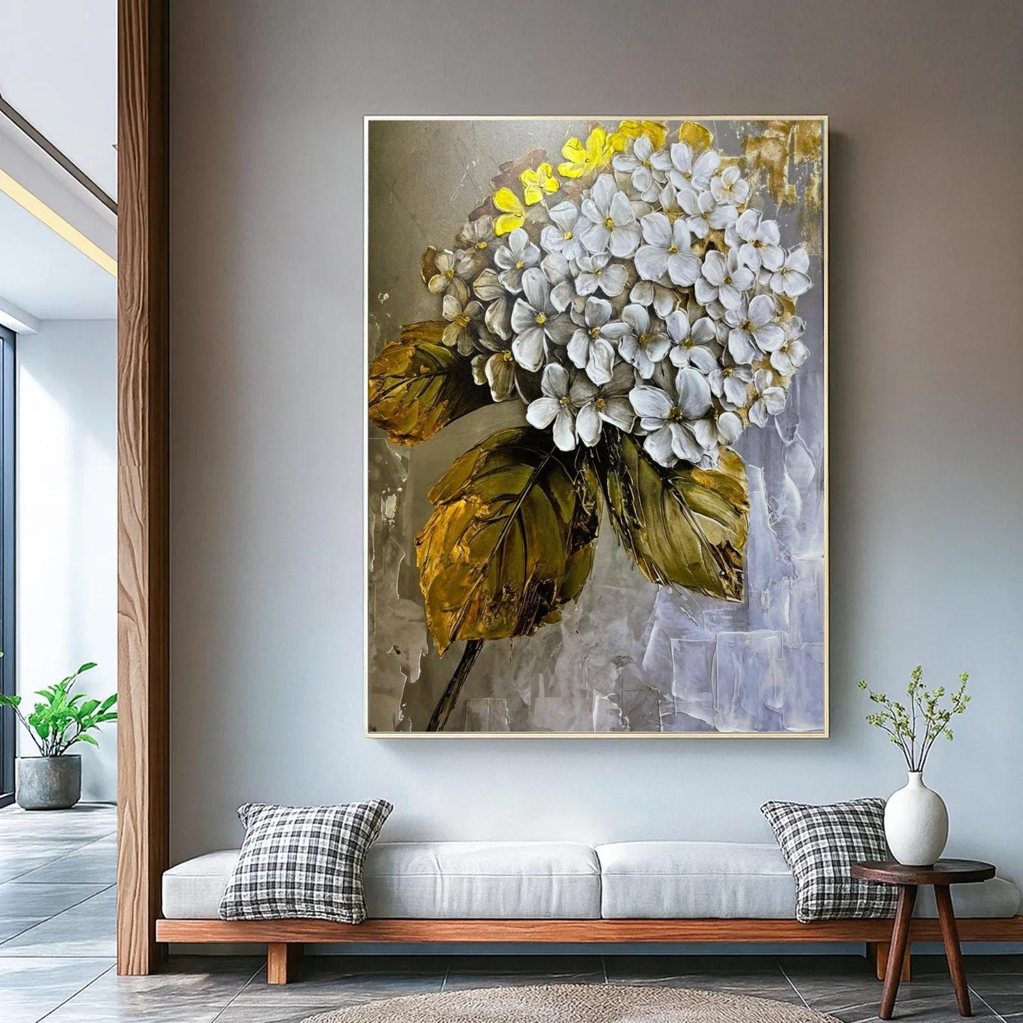 Textured White Floral Painting, Gold Leaf Botanical Canvas Art