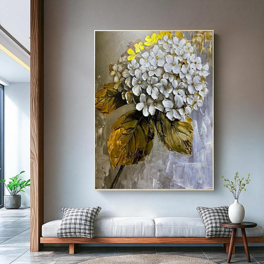Textured White Floral Painting, Gold Leaf Botanical Canvas Art