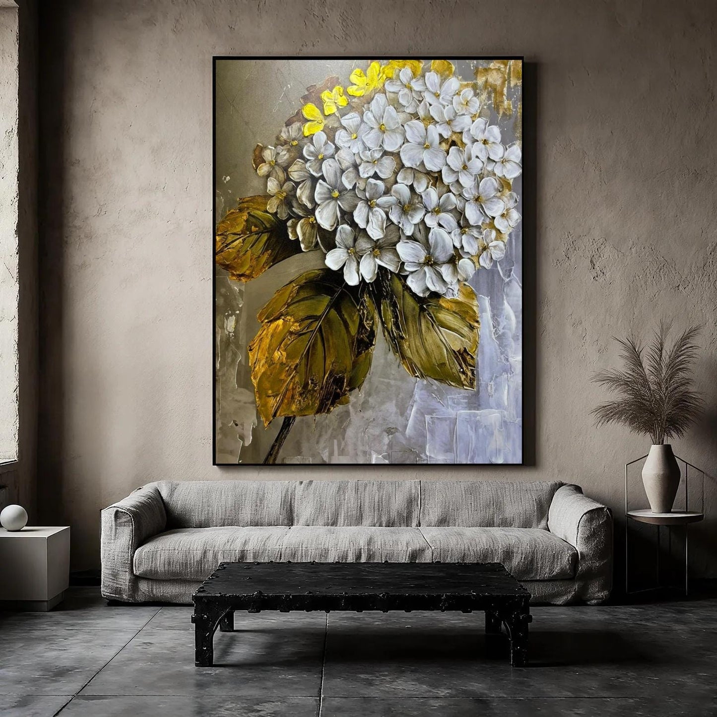 Textured White Floral Painting, Gold Leaf Botanical Canvas Art