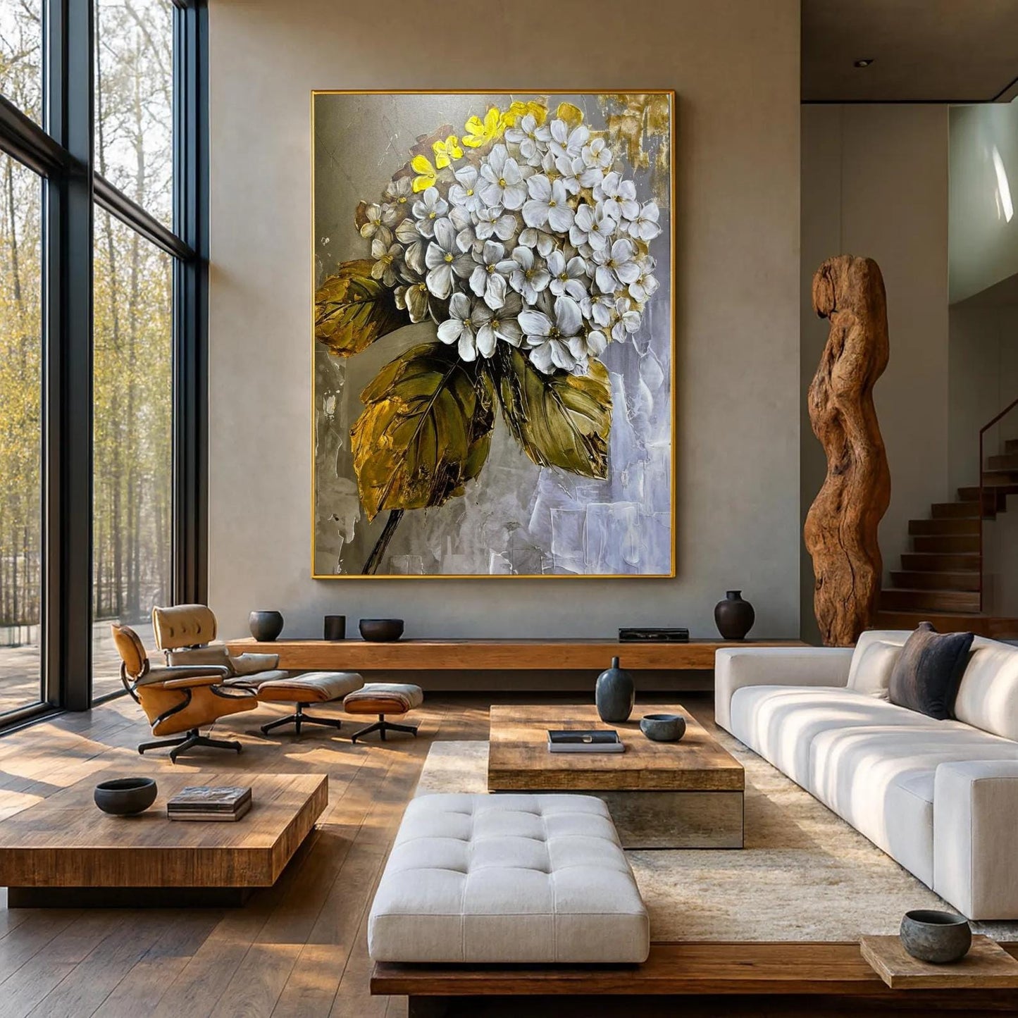 Textured White Floral Painting, Gold Leaf Botanical Canvas Art