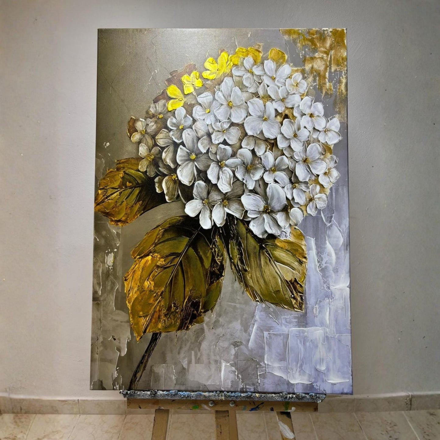 Textured White Floral Painting, Gold Leaf Botanical Canvas Art