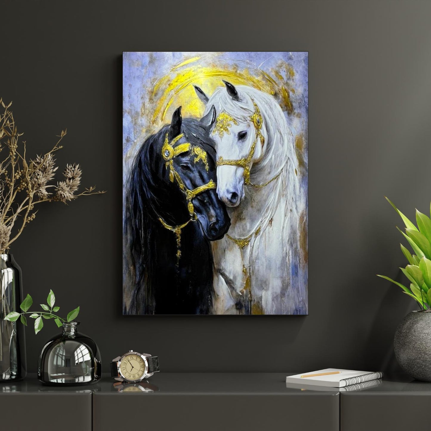Textured Horse Painting, Black and White, Gold Accents, Modern Animal Canvas