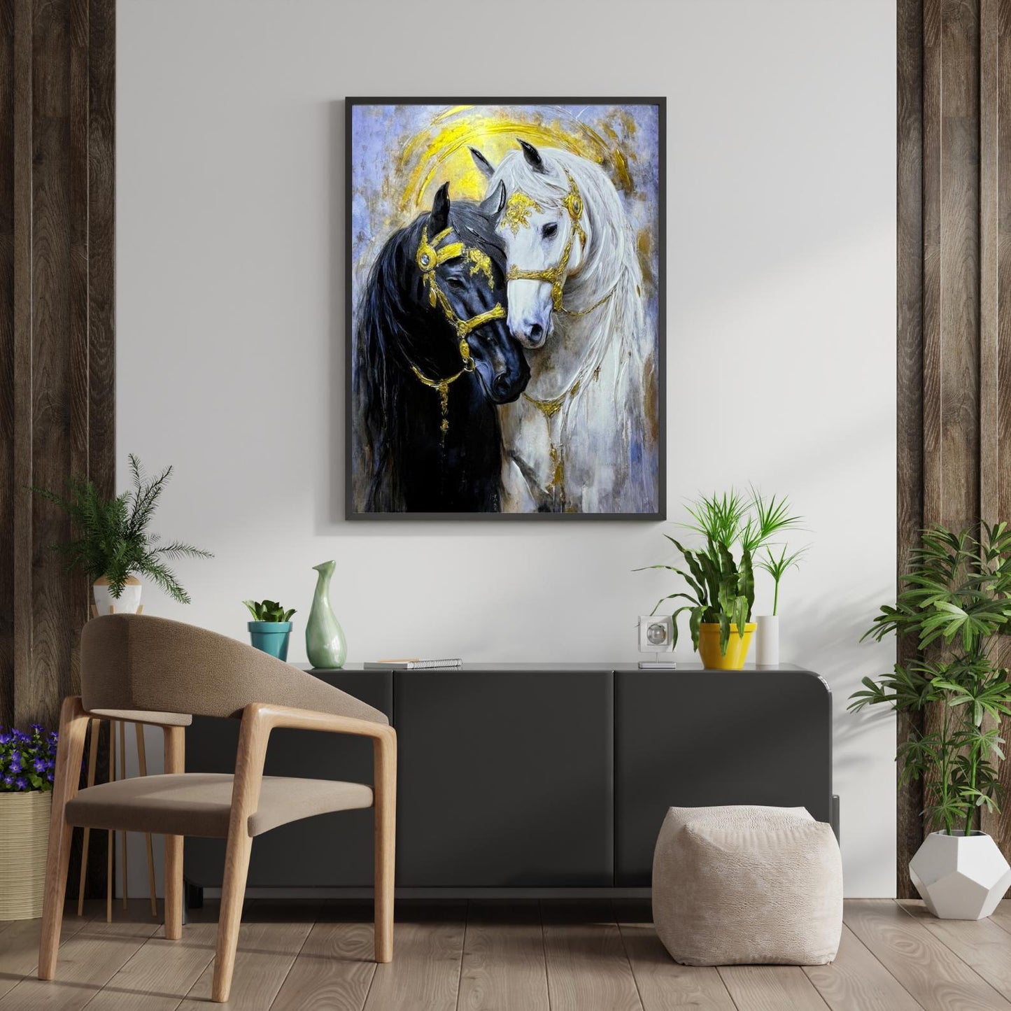 Textured Horse Painting, Black and White, Gold Accents, Modern Animal Canvas