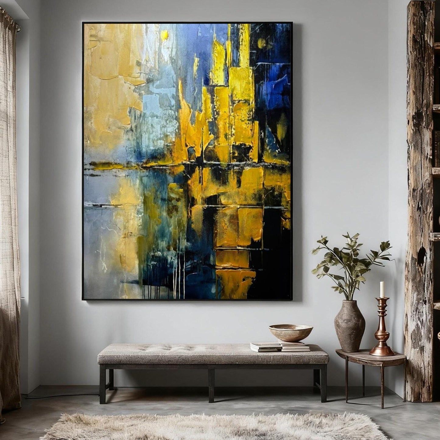Gold and Blue Abstract Painting, Textured Impasto Canvas Art