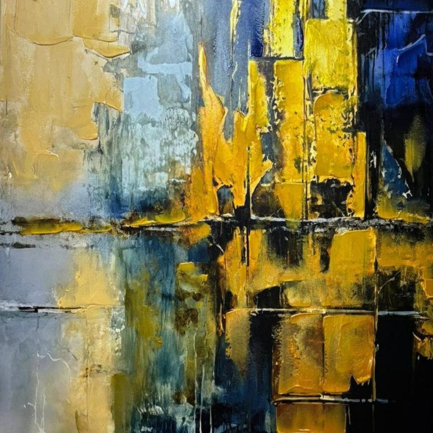 Gold and Blue Abstract Painting, Textured Impasto Canvas Art