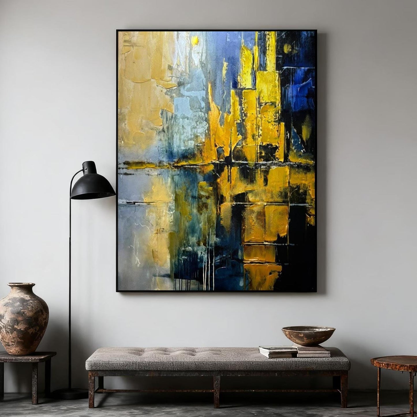 Gold and Blue Abstract Painting, Textured Impasto Canvas Art