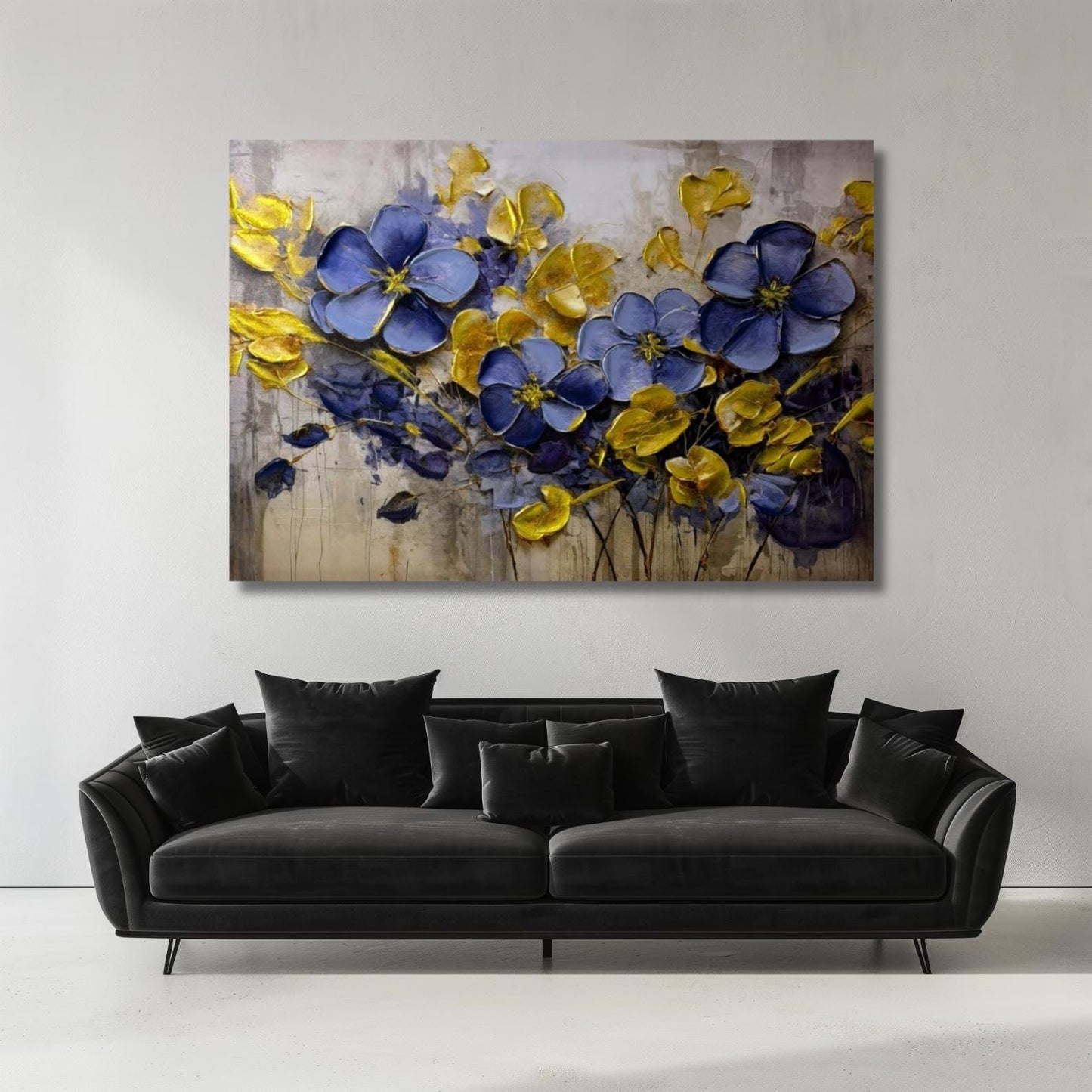 Blue and Gold Floral Impasto Painting, Modern Botanical Canvas Art