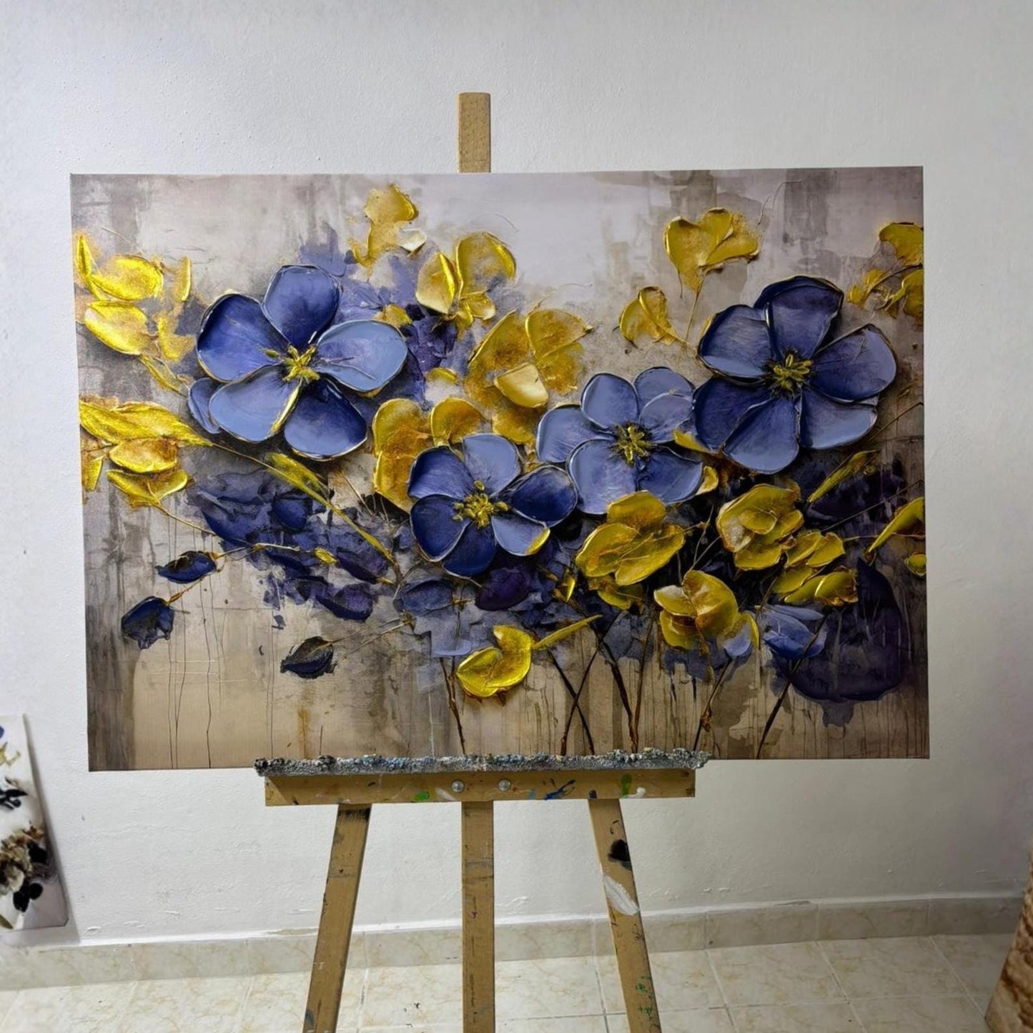 Blue and Gold Floral Impasto Painting, Modern Botanical Canvas Art