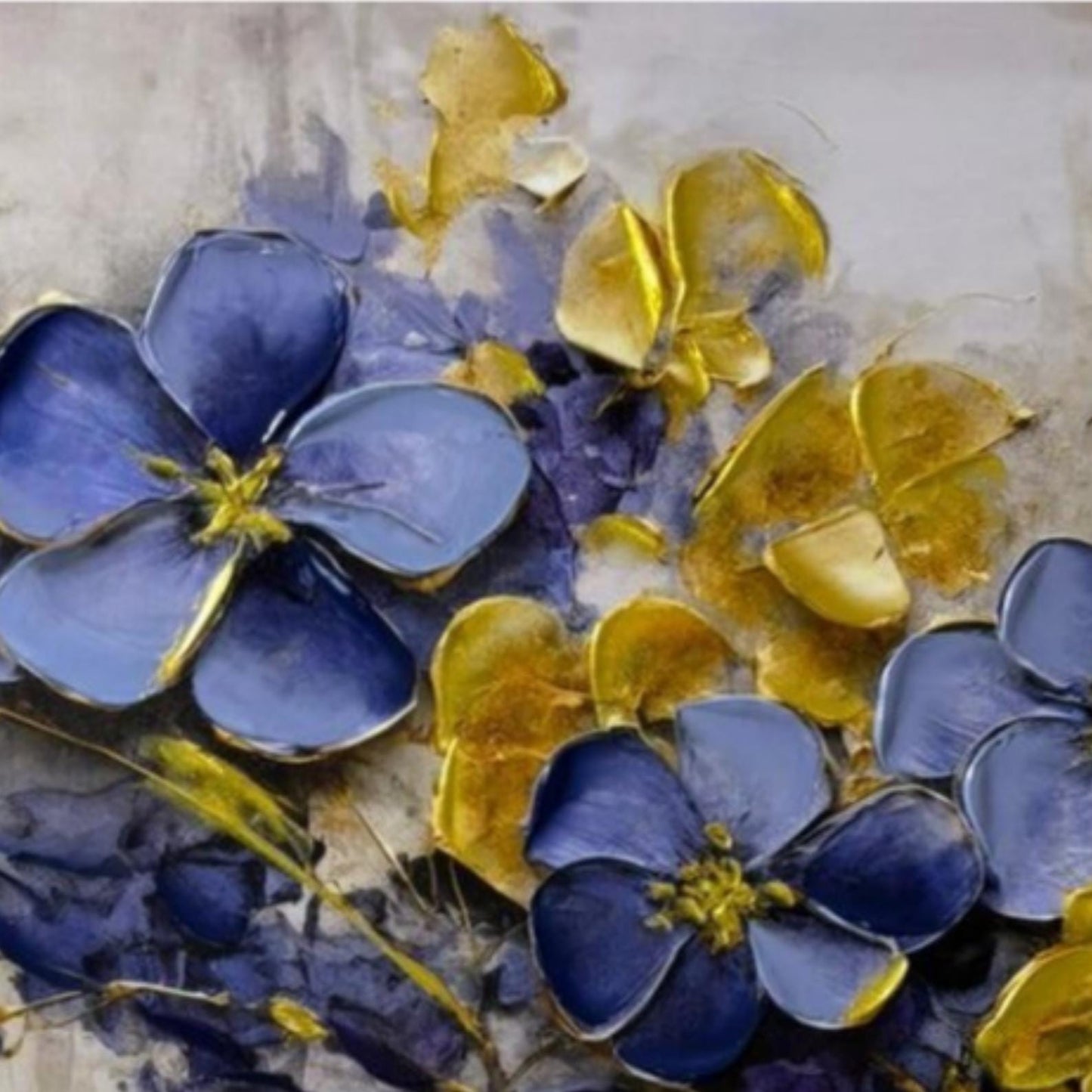 Blue and Gold Floral Impasto Painting, Modern Botanical Canvas Art