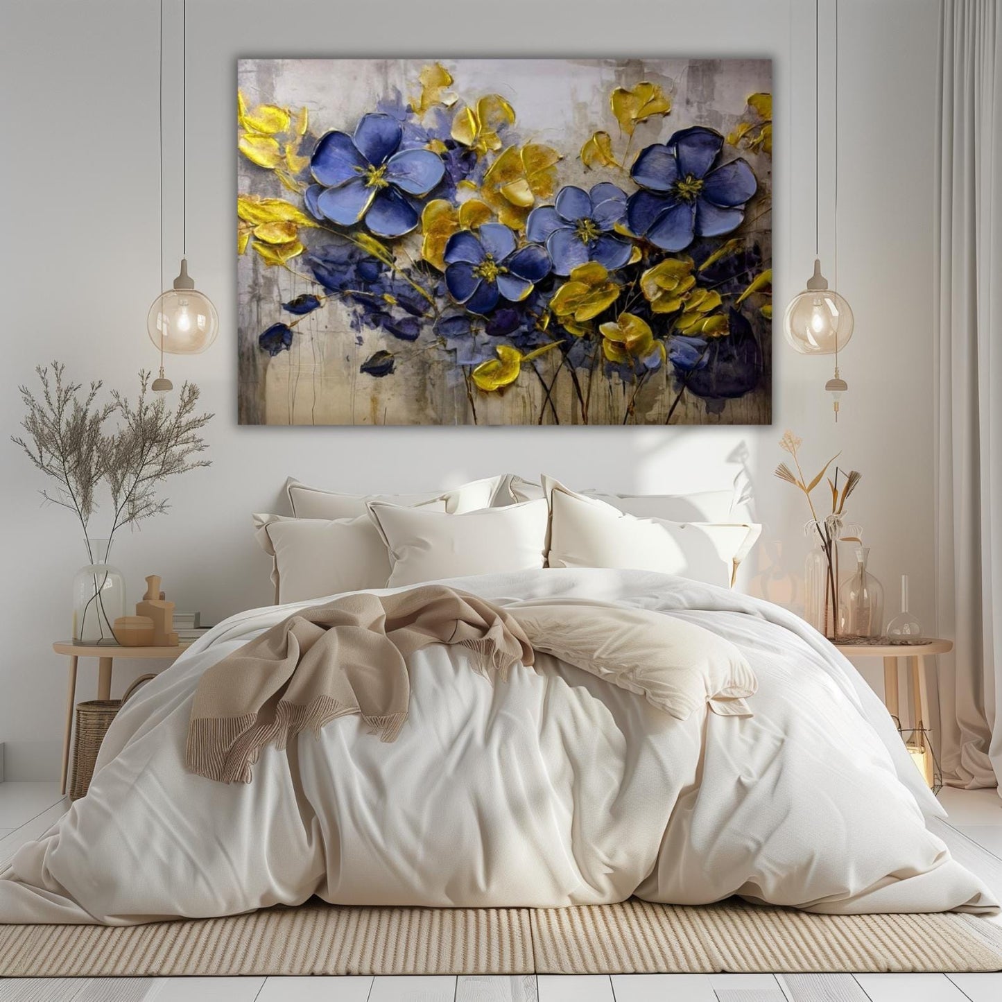 Blue and Gold Floral Impasto Painting, Modern Botanical Canvas Art