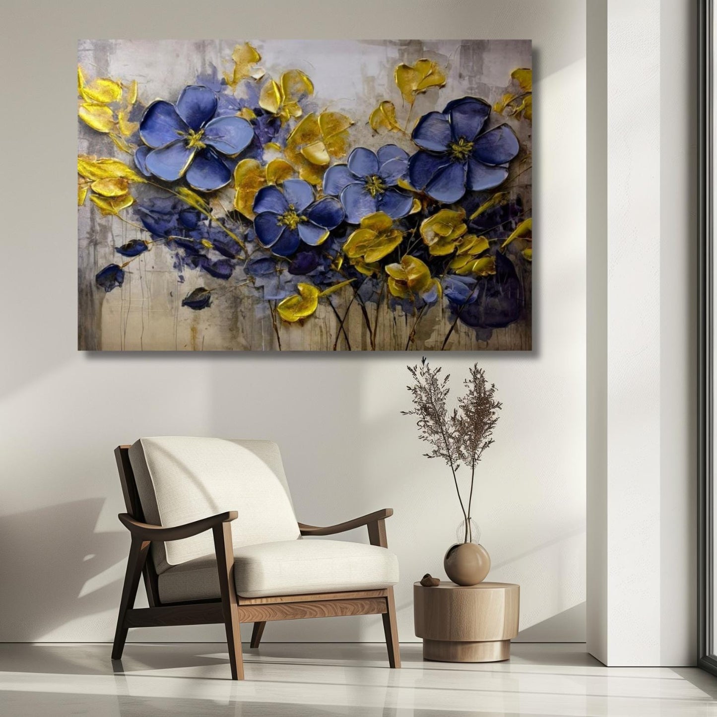 Blue and Gold Floral Impasto Painting, Modern Botanical Canvas Art