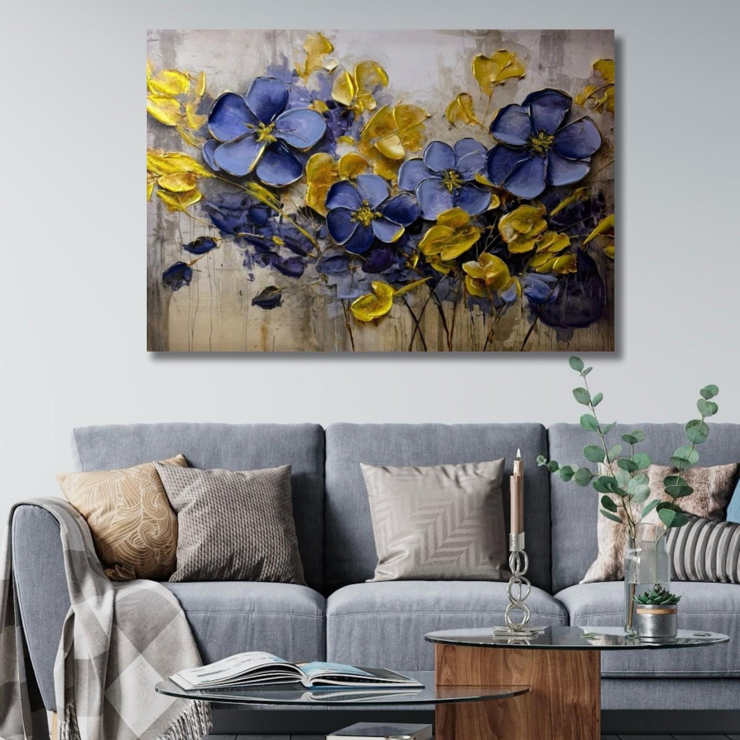 Blue and Gold Floral Impasto Painting, Modern Botanical Canvas Art