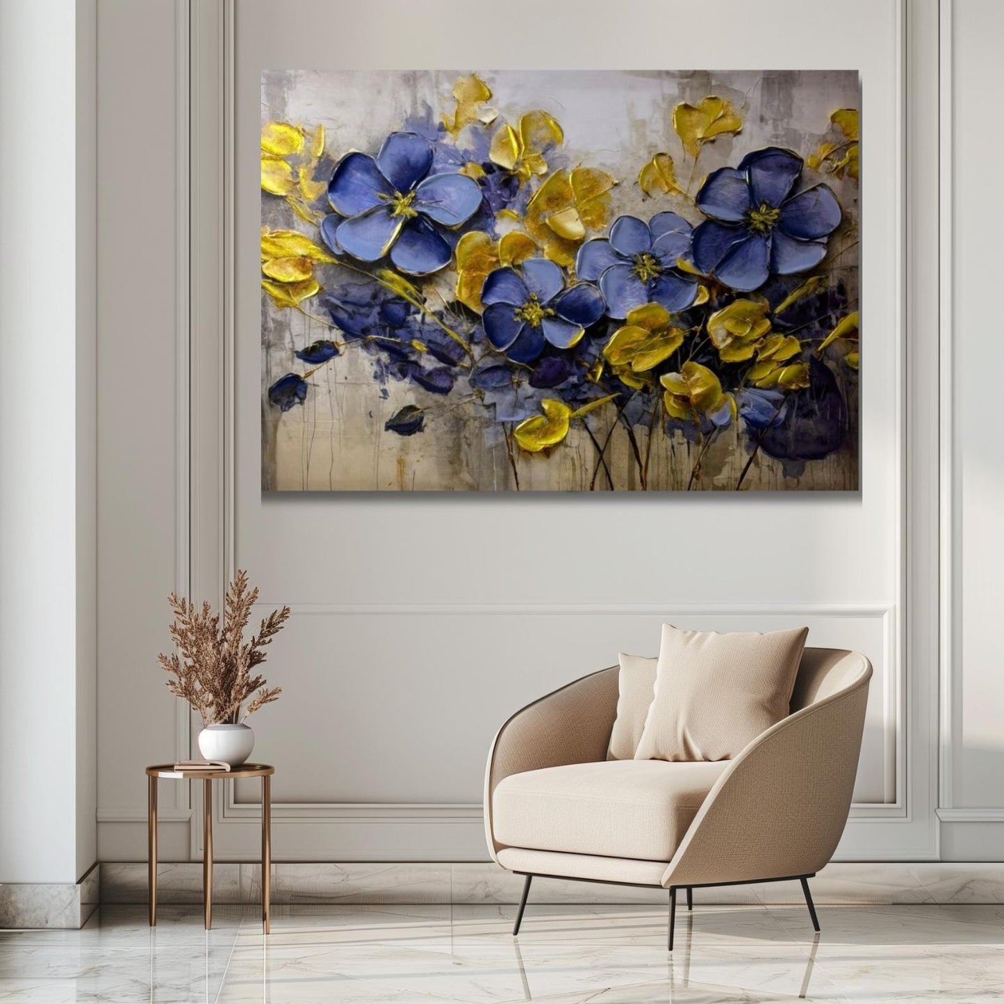 Blue and Gold Floral Impasto Painting, Modern Botanical Canvas Art