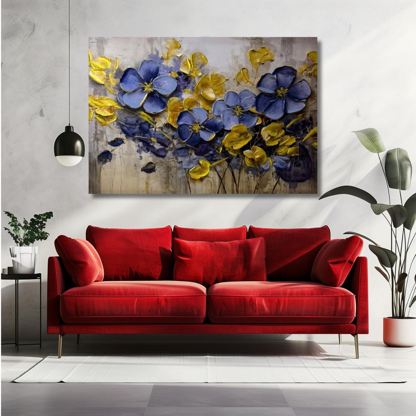 Blue and Gold Floral Impasto Painting, Modern Botanical Canvas Art