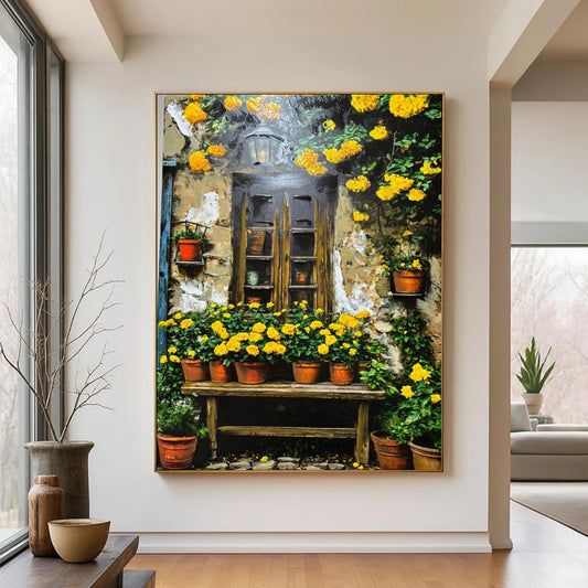 Hand-Painted Mediterranean Garden Window Oil Painting, Yellow Floral Rustic Canvas Wall Art