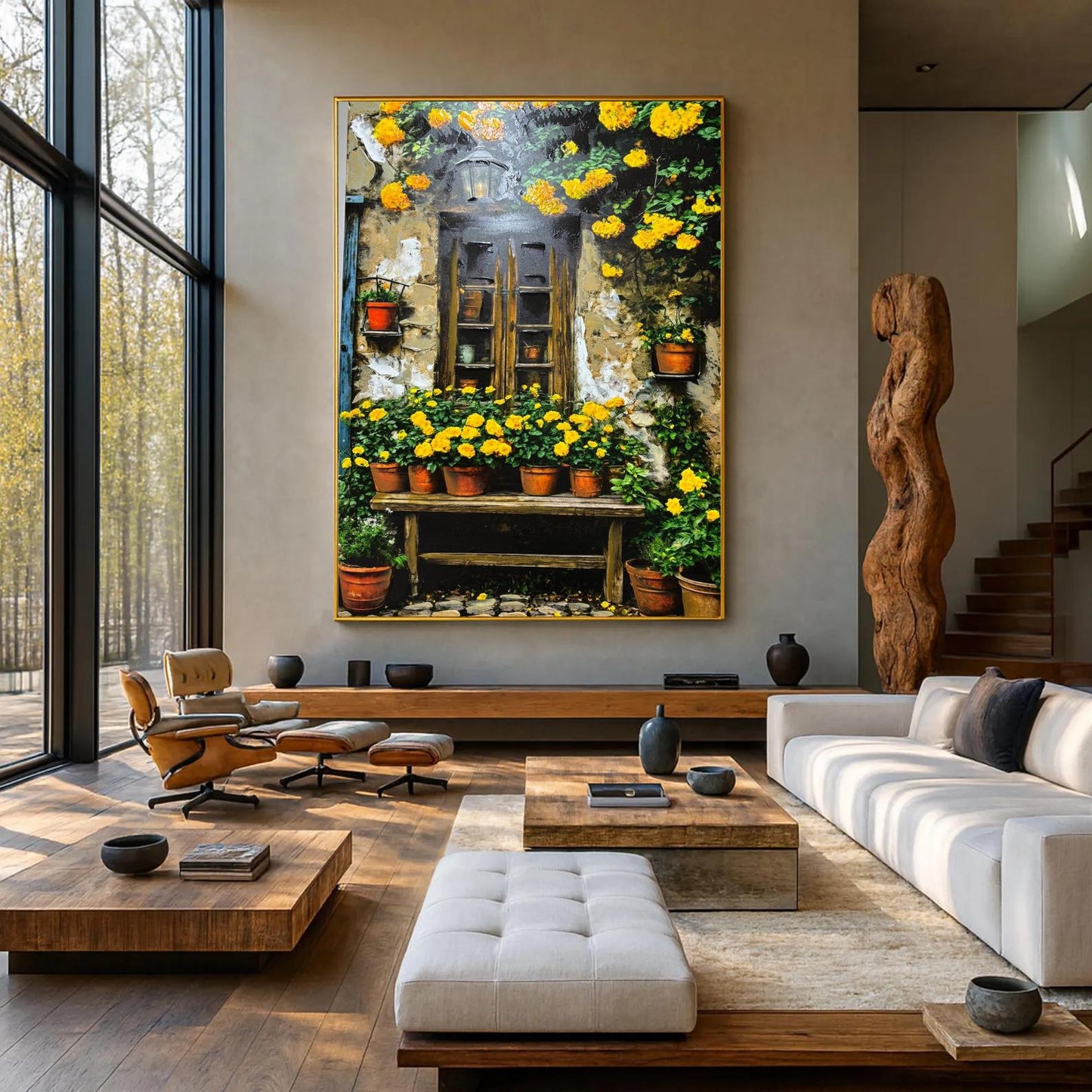 Hand-Painted Mediterranean Garden Window Oil Painting, Yellow Floral Rustic Canvas Wall Art