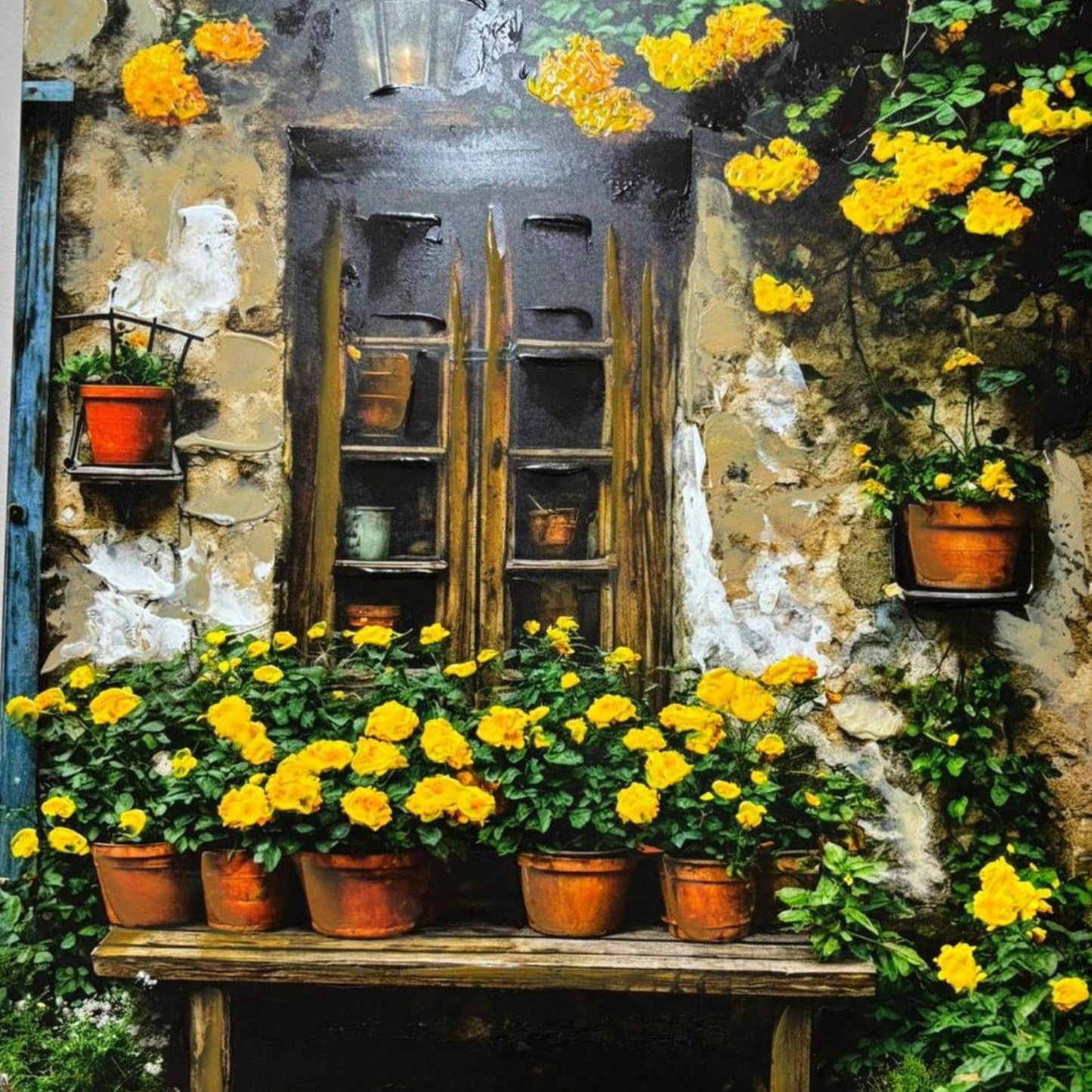 Hand-Painted Mediterranean Garden Window Oil Painting, Yellow Floral Rustic Canvas Wall Art